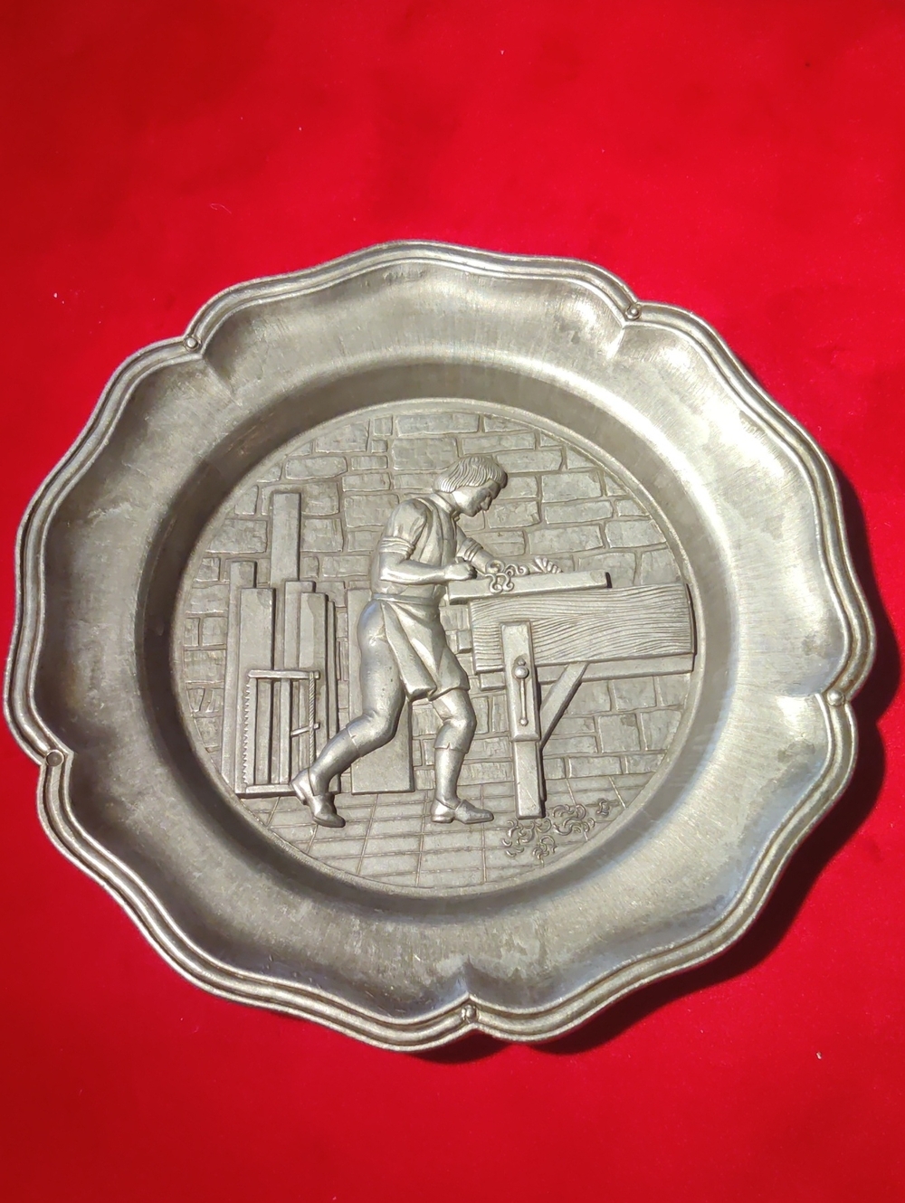Decorative Pewter Wall Plate with Craftsman Relief